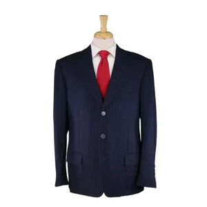 Bijan by Saint Andrews Navy Blue Chalkstripe Flannel Wool 3-Piece Suit 44R 44L